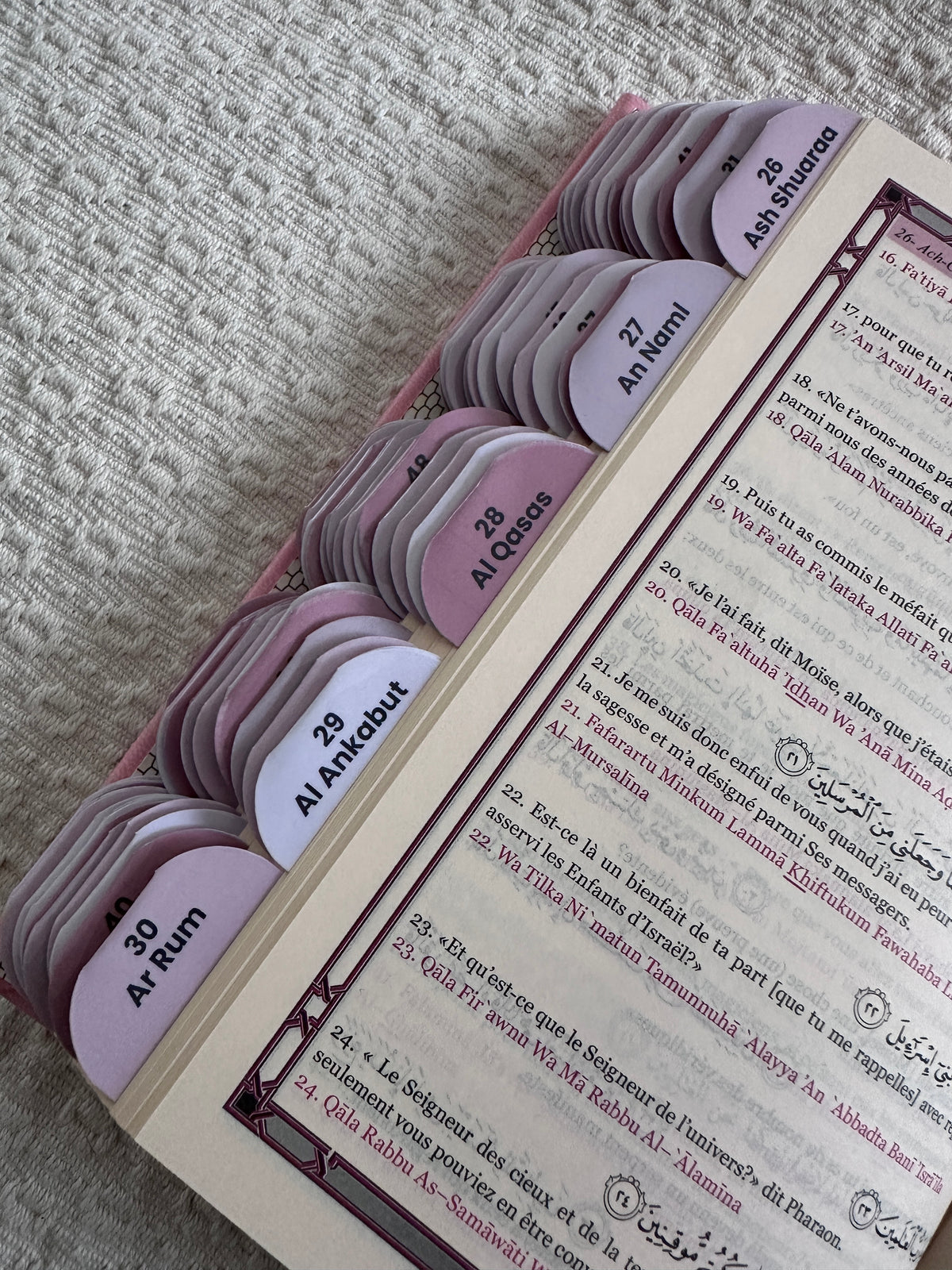 Onglets sourates Rose Poudré, jeu complet de 114 onglets plastifiés