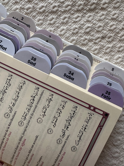 Onglets sourates Gris Lilas déjà posés, les 114 sourates repérées