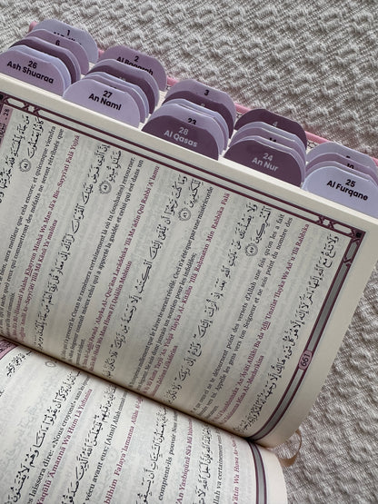 Onglets sourates Rose Poudré déjà posés, les 114 sourates repérées