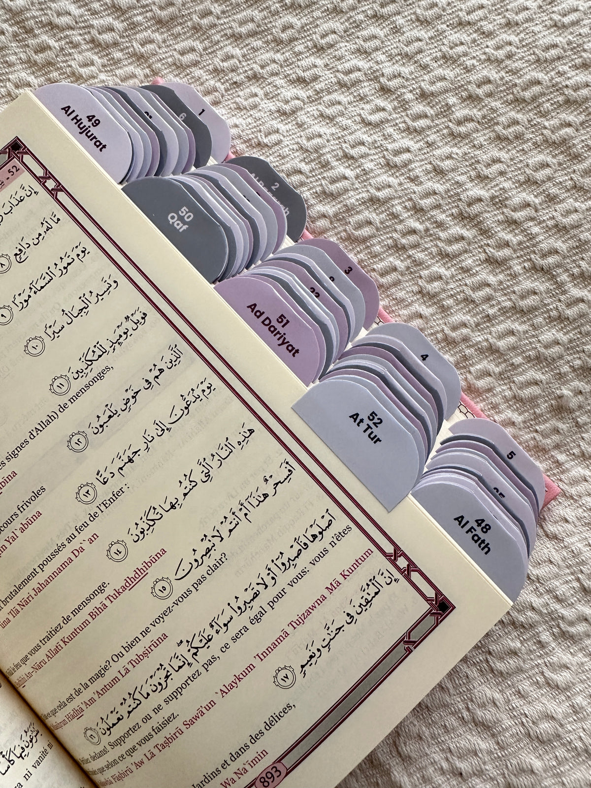 Onglets sourates Gris Lilas déjà posés, les 114 sourates repérées