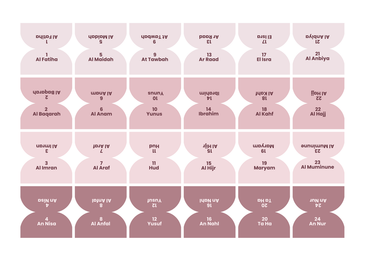 Nuancier Rose Poudré : les 114 onglets de sourates dans quatre nuances de rose