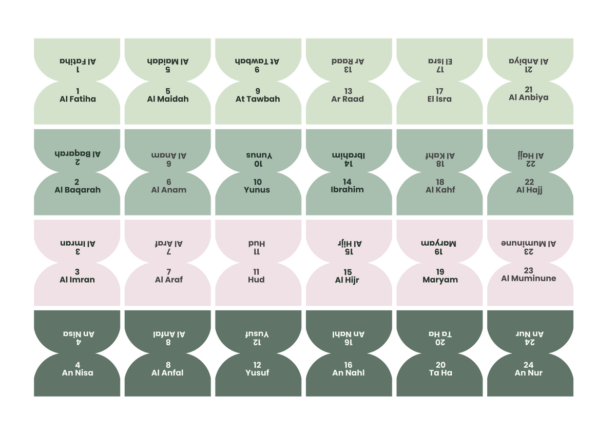 Nuancier Vert Sauge : les 114 onglets de sourates en vert sauge, vert profond et rose pâle